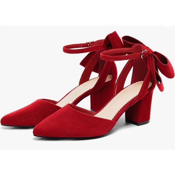 Coutgo Women's Chunky Heels Ankle Strap Pointed Toe Red Pumps Back Bow Size 9 - Picture 2 of 4